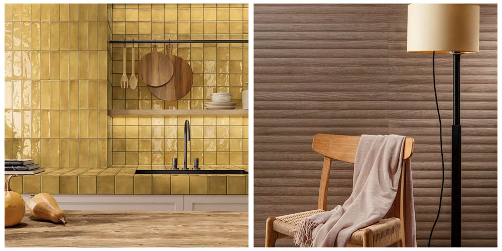 (Left) Vertical Cavendish mustard metro tiles, (Right) A wood panel wall in horizontal planks